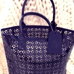 TORY BURCH dark blue indigo perforated handbag